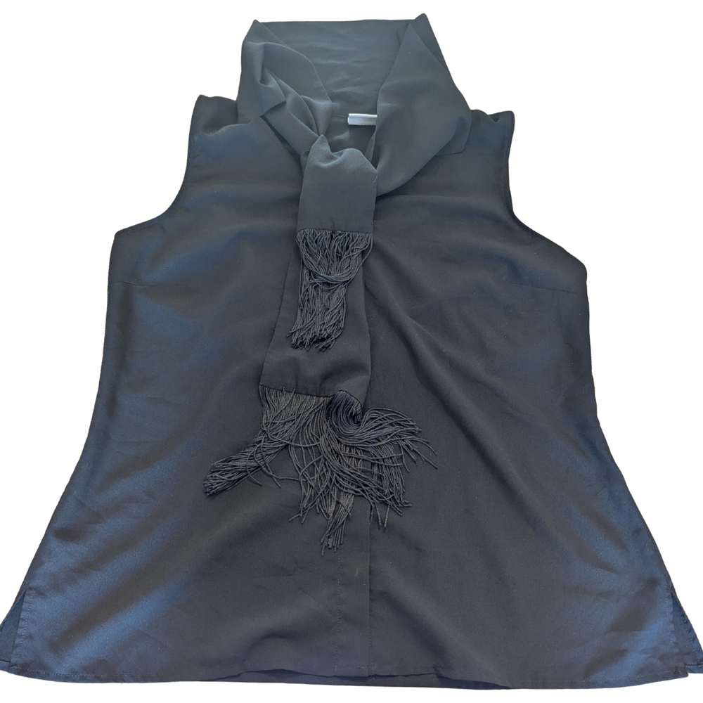 EUC CAbi 3430 Womens Large Sleeveless Fringe Blouse Scarf ButtonDown Shirt Black